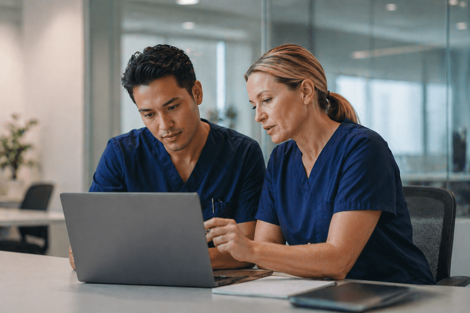 Nurses reviewing clinical inquiry and quality improvement work together