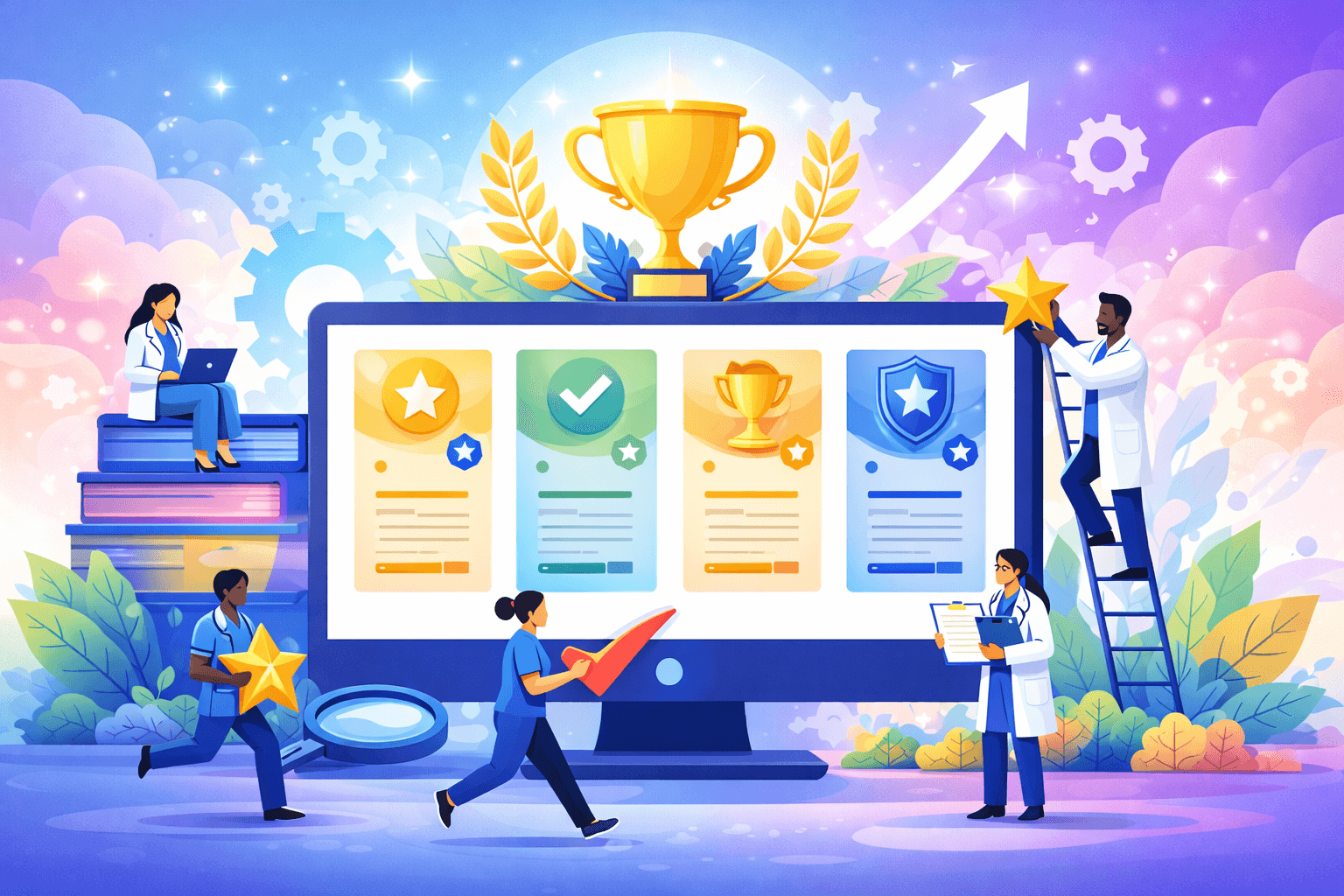 Illustration of nursing team achieving designation milestones on the NELP platform