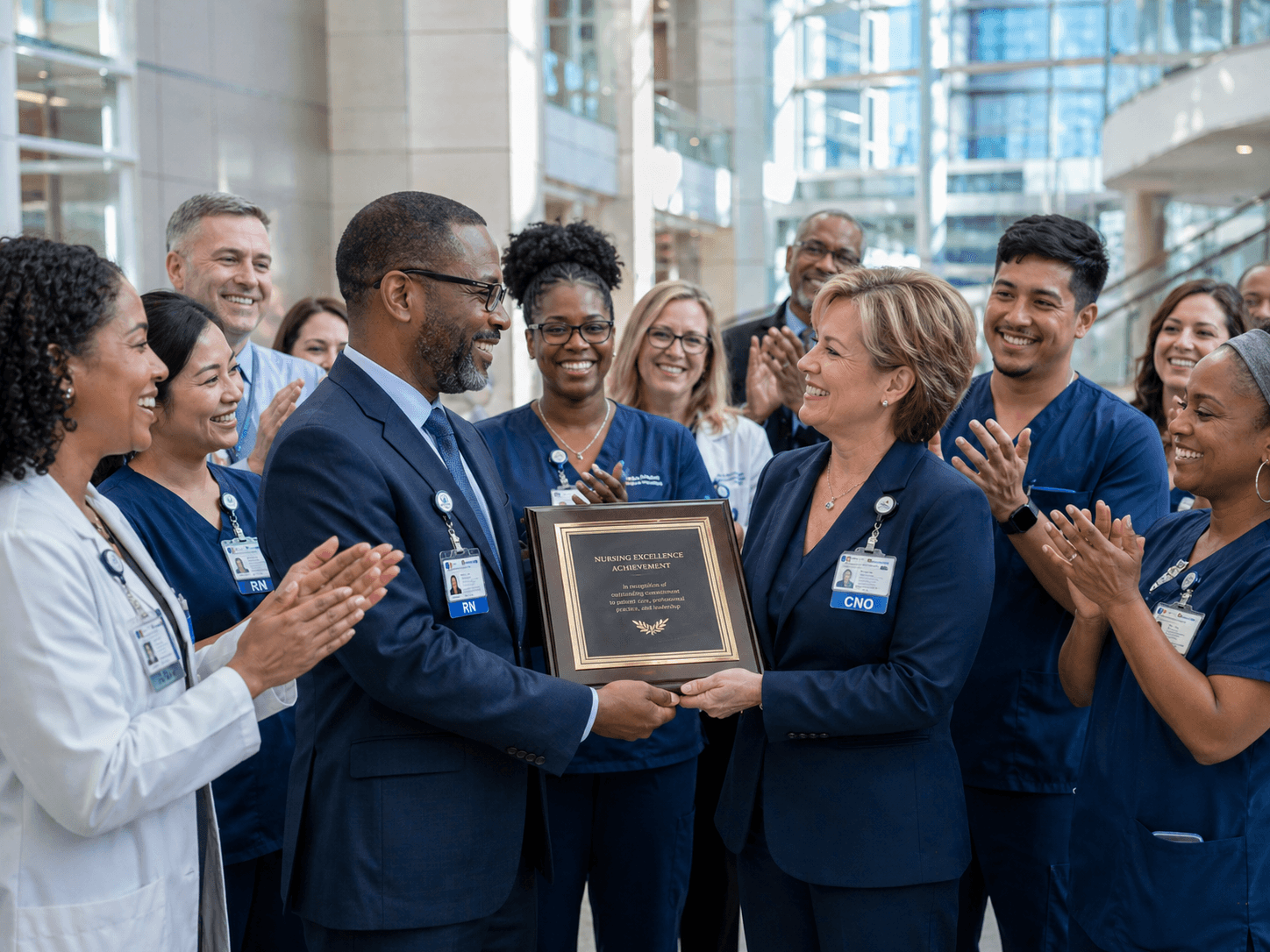 Hospital leadership presenting a nursing excellence achievement plaque to staff in a light-filled atrium with colleagues applauding