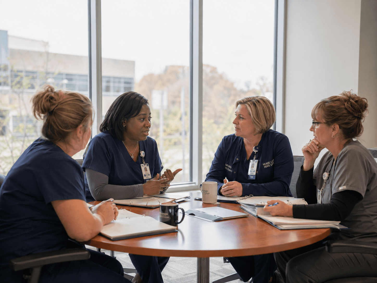 Four nurse leaders gathered around a conference table mid-discussion in a light-filled hospital meeting room