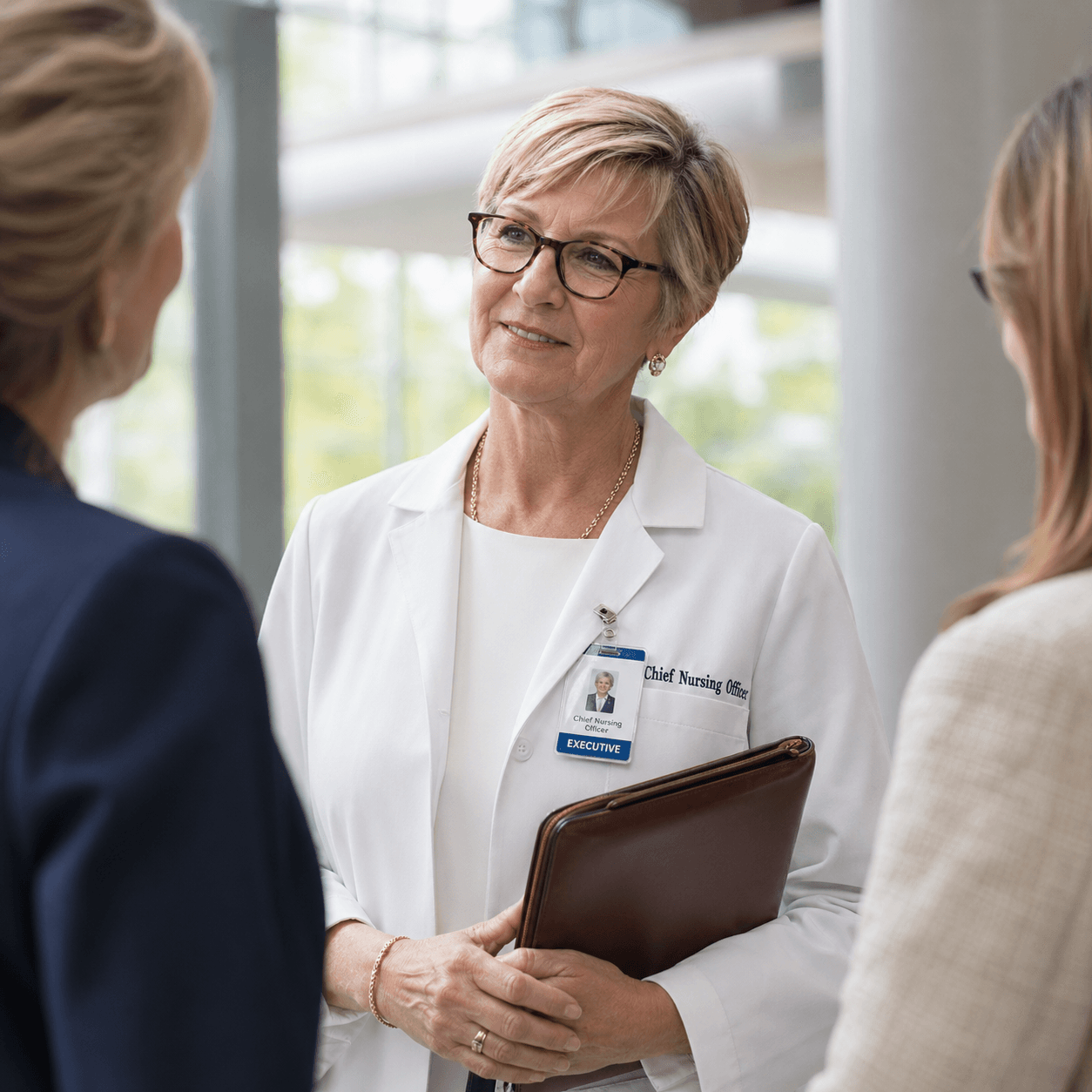 A Chief Nursing Officer in a white coat holding a leather portfolio, mid-conversation with two colleagues in a sunlit hospital atrium