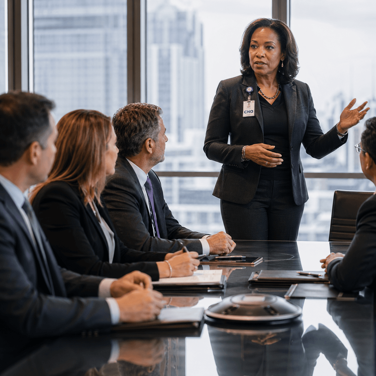A Chief Nursing Officer presenting live nursing excellence analytics to executives in a glass-walled boardroom