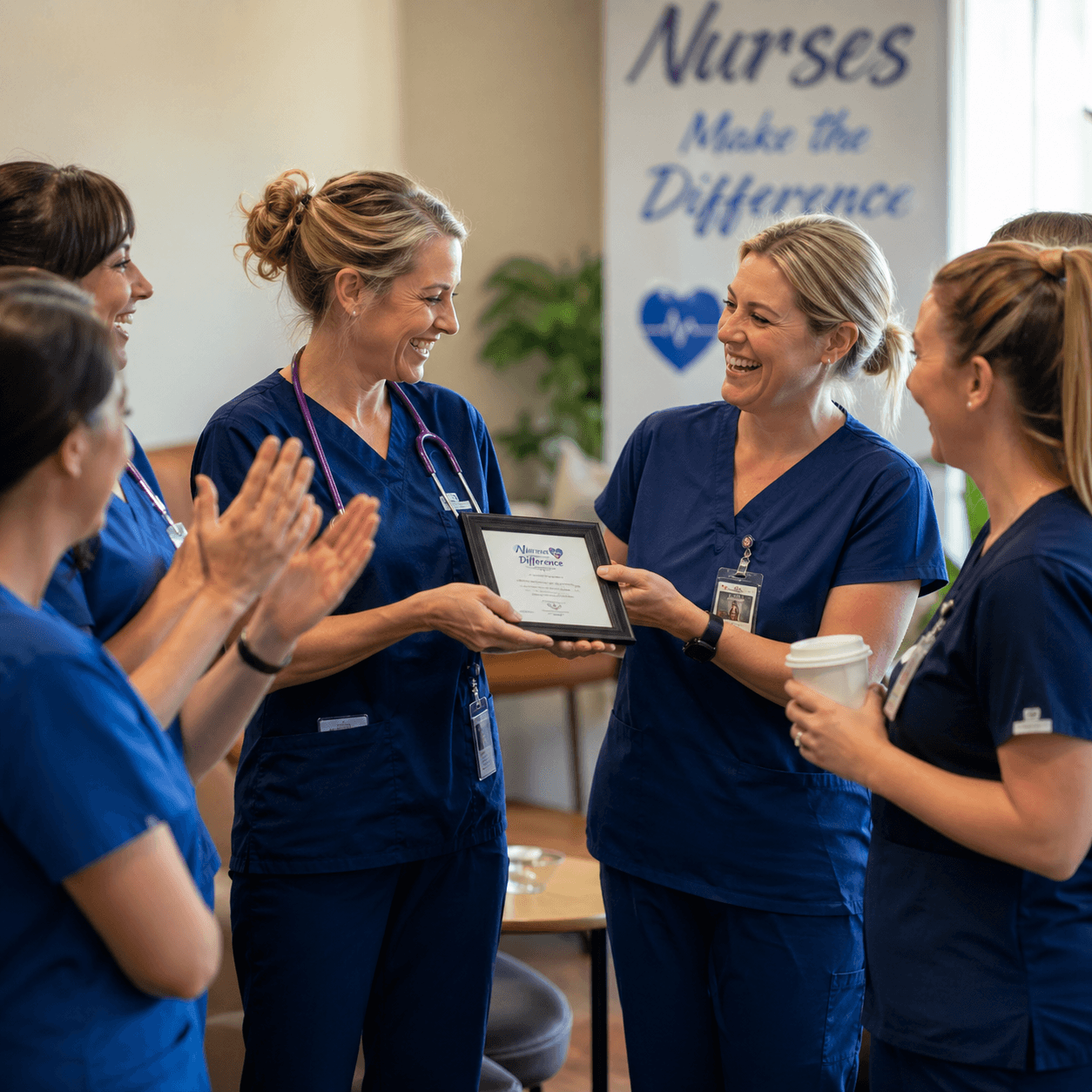 A nurse receiving a framed recognition from a smiling colleague while three nurses around them clap and laugh