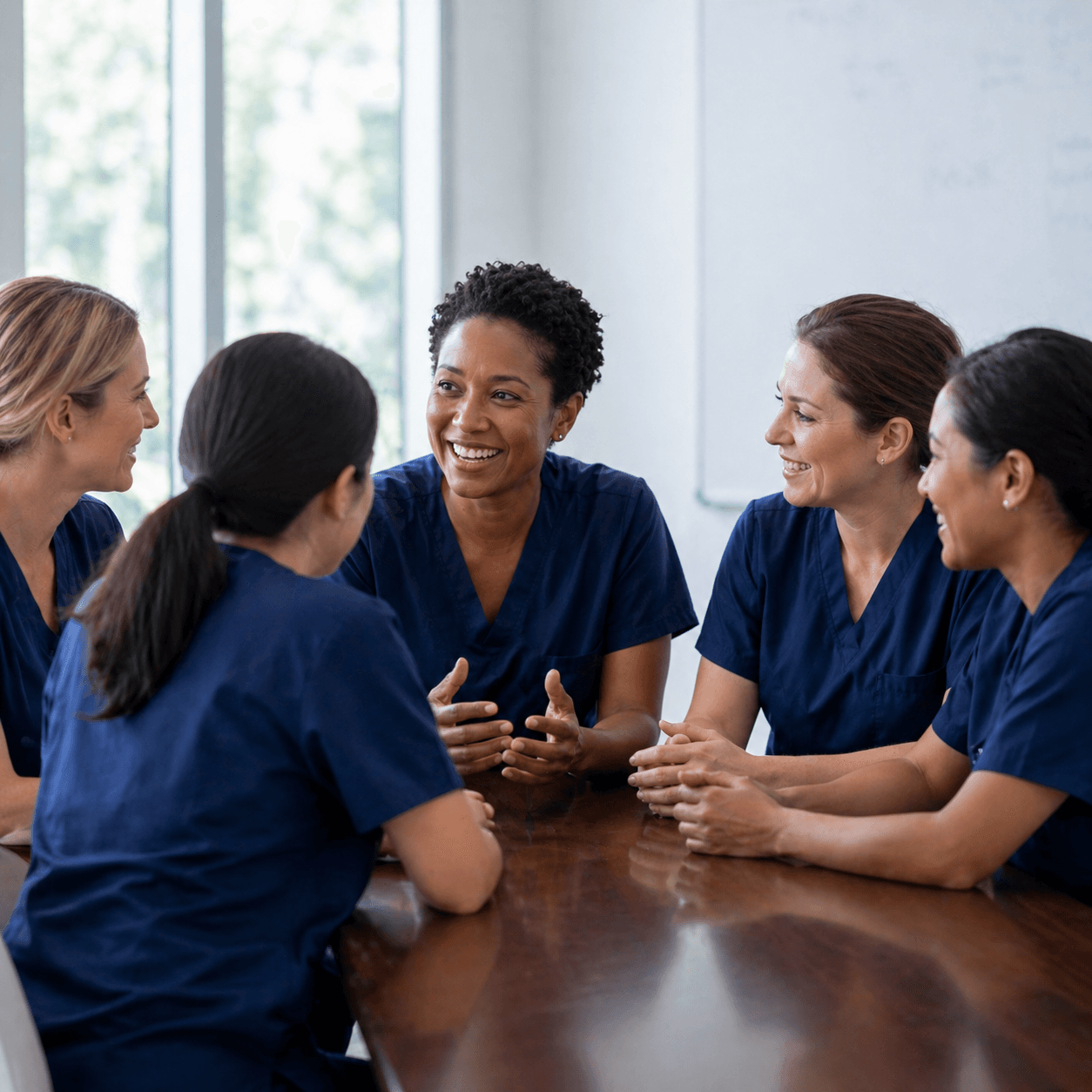 Five nurses in scrubs gathered around a wood conference table, smiling and engaged in conversation