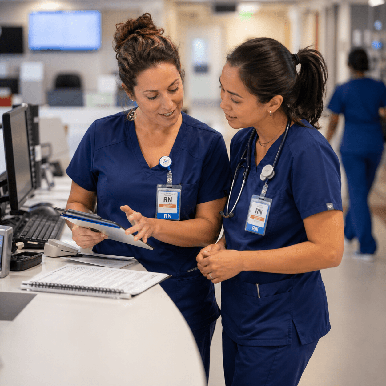 Two nurses at a hospital nurses station reviewing a clipboard together, mid-conversation