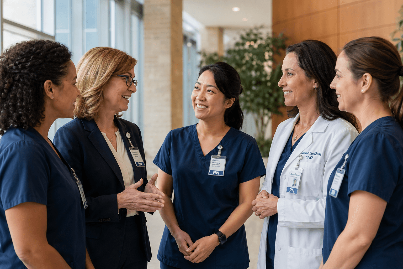 A diverse group of nurse leaders and clinical nurses standing together in a sunlit hospital lobby, mid-conversation